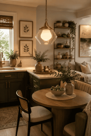Modern glass pendant light with brushed brass finish illuminating a cozy American kitchen featuring dark green cabinets, warm wood accents, and organic modern decor.