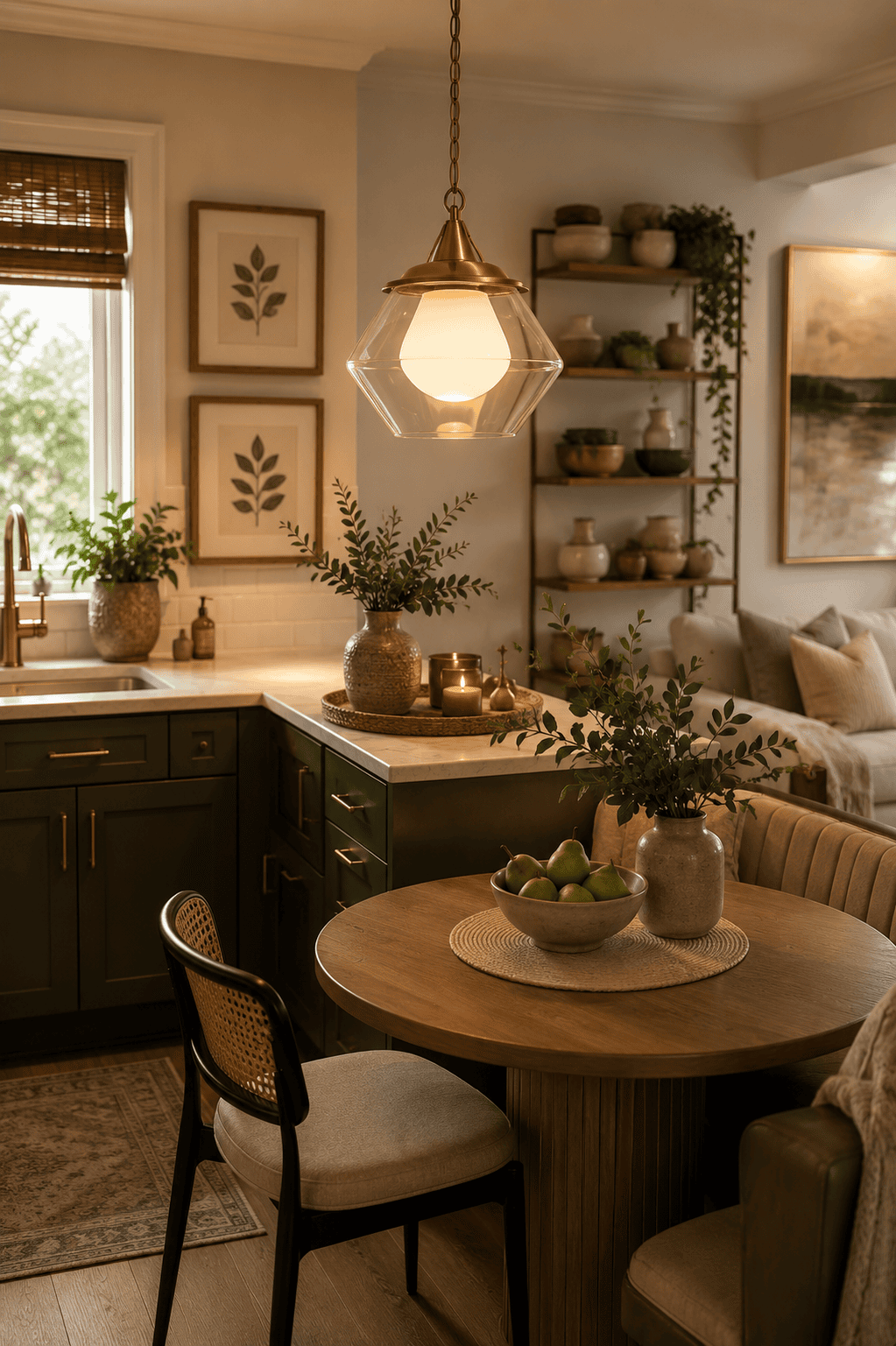 Modern glass pendant light with brushed brass finish illuminating a cozy American kitchen featuring dark green cabinets, warm wood accents, and organic modern decor.