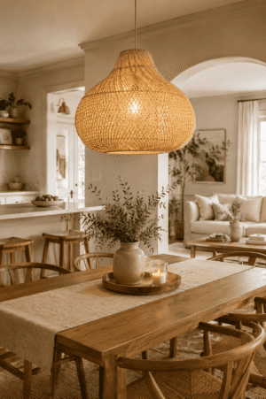 Handwoven rattan pendant light hanging above a wooden dining table in a cozy American dining room with neutral decor, natural wood furniture, and warm ambient lighting.
