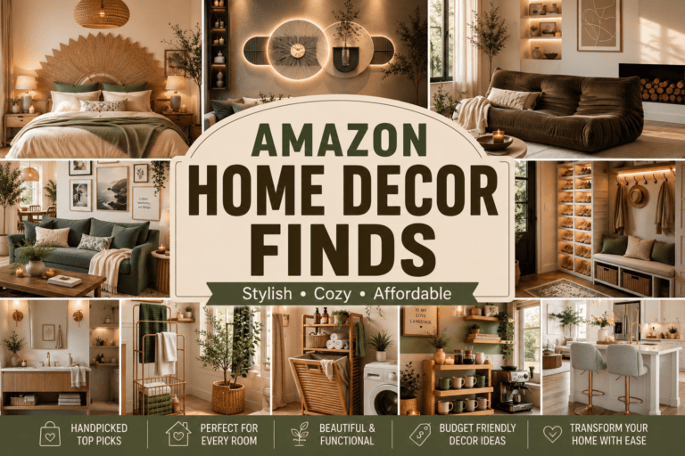 Beautiful featured image showcasing Amazon Home Decor Finds with cozy bedroom, living room, bathroom, kitchen, and stylish home accessories in a warm modern American home.
