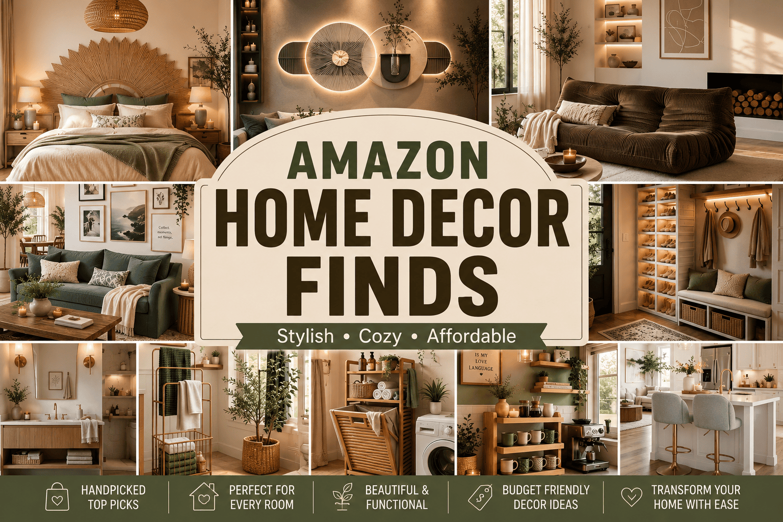 Beautiful featured image showcasing Amazon Home Decor Finds with cozy bedroom, living room, bathroom, kitchen, and stylish home accessories in a warm modern American home.