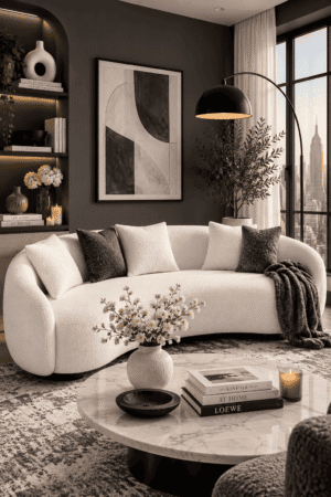 Luxury white curved bouclé sofa in a modern black and white living room with a marble coffee table, contemporary fireplace, black accent wall, and elegant home decor.
