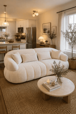 Modern white bouclé curved sofa in a cozy organic living room with neutral decor, textured rug, soft pillows, warm lighting, and open-concept kitchen.