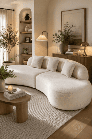 Luxury white curved bouclé sofa styled in a cozy organic modern living room with warm lighting, natural wood furniture, textured rug, and neutral home decor.