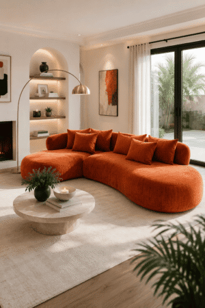 Burnt orange curved velvet sofa in a modern organic living room with warm neutral decor, marble coffee table, brass floor lamp, and contemporary home styling.