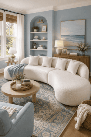 White curved bouclé sofa styled in a coastal blue living room with soft neutral pillows, natural wood furniture, textured area rug, and elegant coastal home decor.