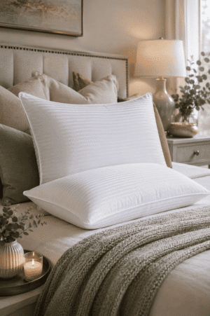 Luxury white hotel collection bed pillow on a cozy neutral bed with soft bedding, textured throw blanket, warm bedside lamp, and elegant bedroom decor.
