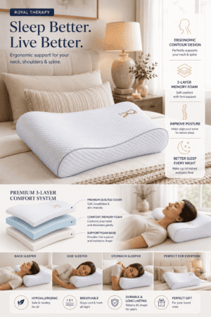 Royal Therapy ergonomic memory foam pillow with contoured neck support, premium three-layer comfort system, breathable quilted cover, and luxury bedroom styling.