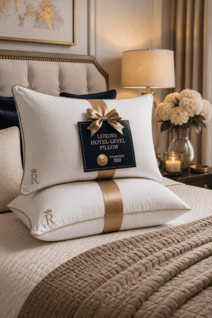 Luxury white hotel-level bed pillow with soft down-like filling, elegant piping, and premium bedroom styling for a cozy hotel-inspired sleep experience.