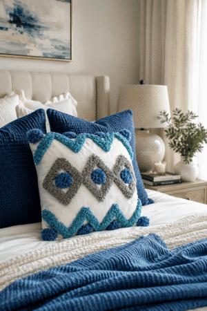 Blue and white tufted coastal throw pillow cover with pom pom accents styled on a cozy neutral bedroom bed.