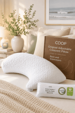 White adjustable crescent memory foam pillow with extra fill pack displayed on a cozy neutral bedroom bed for side and back sleepers.