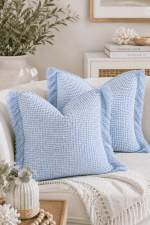Sky blue textured fringe throw pillow covers styled on a white sofa with coastal-inspired home decor.