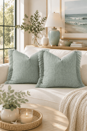 Sage green textured fringe throw pillow covers on a white sofa with organic modern home styling.