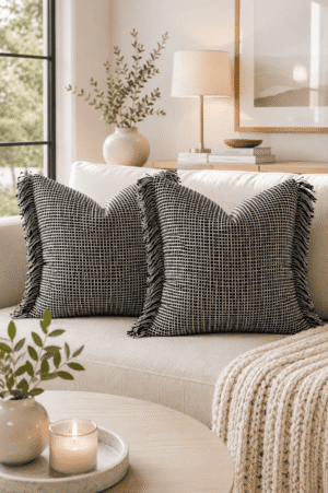 Black textured woven throw pillow covers with fringe styling on a neutral sofa in a modern living room.