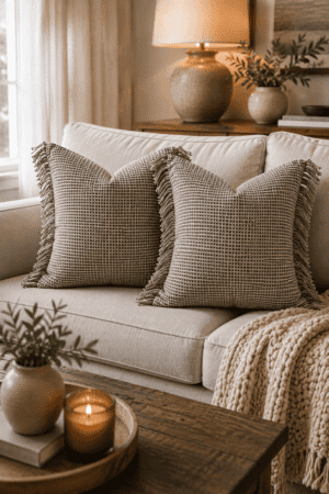 Taupe woven fringe throw pillow covers styled on a cream sofa in a warm modern farmhouse living room.