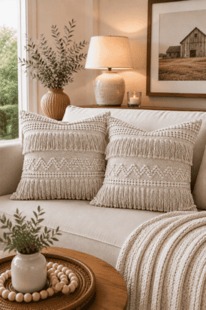 Set of cream boho fringe throw pillow covers with woven texture styled on a neutral sofa in a cozy farmhouse-inspired living room.