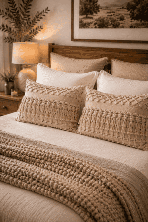 Cream boho lumbar throw pillow covers with tassels and woven texture styled on a cozy neutral bedroom bed with layered bedding.