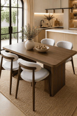 Modern walnut wood dining table with upholstered chairs in a bright organic kitchen featuring warm neutral decor and minimalist styling.