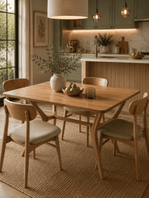 Scandinavian oak dining table with upholstered wooden chairs in a cozy modern kitchen featuring sage green cabinets, warm lighting, and organic home decor.