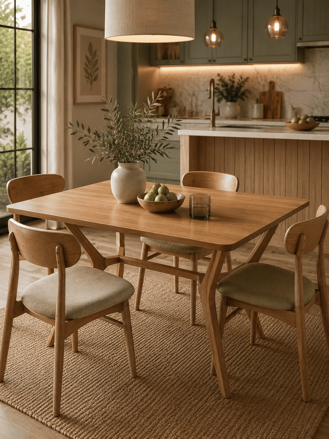 Scandinavian oak dining table with upholstered wooden chairs in a cozy modern kitchen featuring sage green cabinets, warm lighting, and organic home decor.