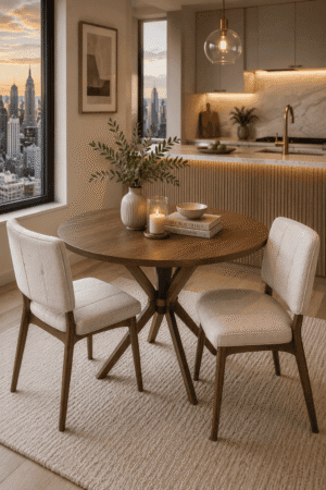 Modern round walnut dining table with upholstered dining chairs in a cozy apartment kitchen featuring warm lighting, marble countertops, and minimalist decor.