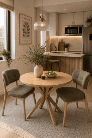 Light oak round dining table with olive green upholstered dining chairs in a cozy Scandinavian apartment kitchen featuring warm lighting, natural wood accents, and minimalist decor.
