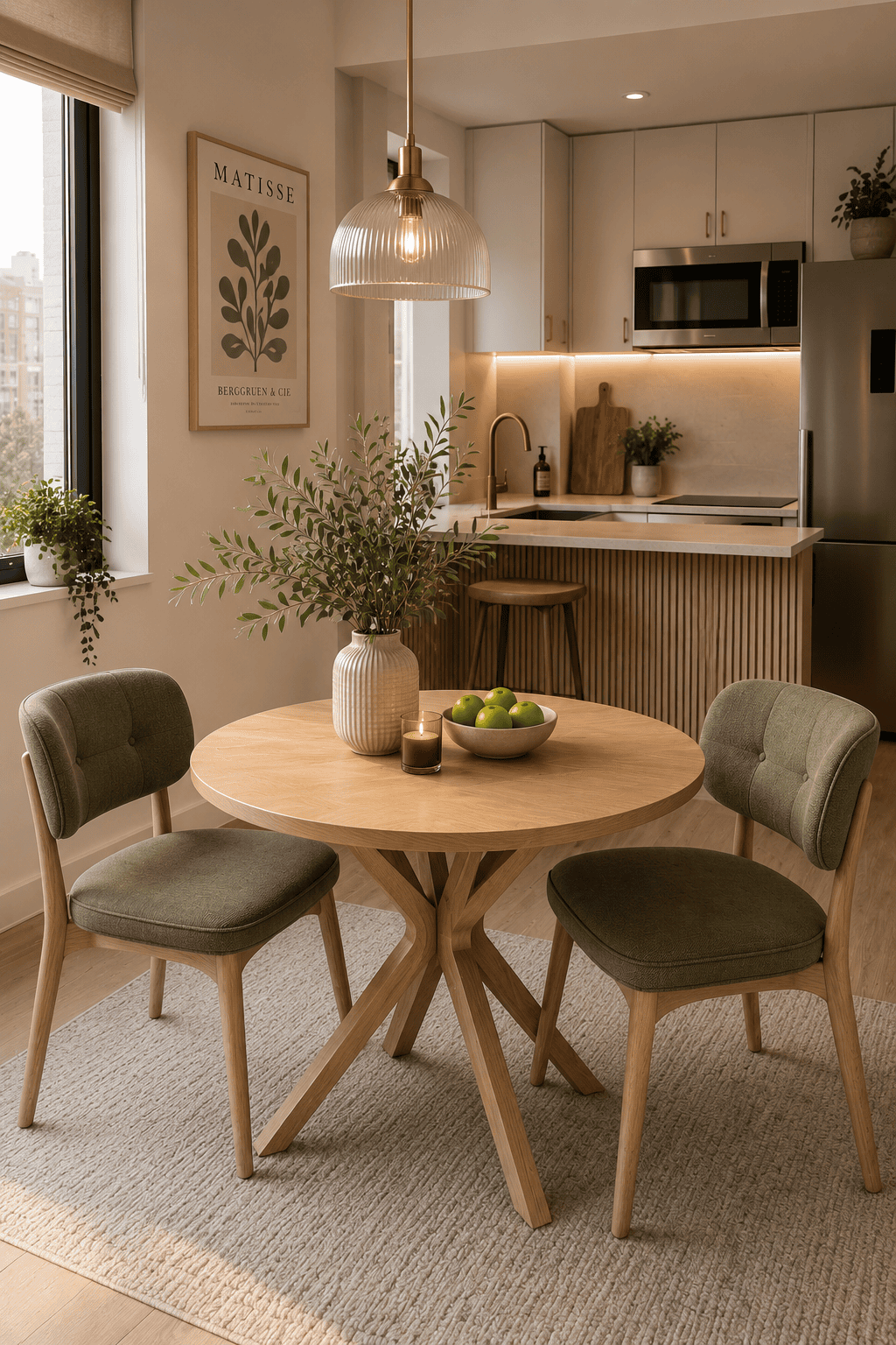 Light oak round dining table with olive green upholstered dining chairs in a cozy Scandinavian apartment kitchen featuring warm lighting, natural wood accents, and minimalist decor.