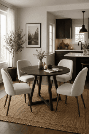 Dark walnut round dining table with cream upholstered dining chairs in a cozy modern dining room featuring black kitchen cabinets, woven rug, and warm organic decor.