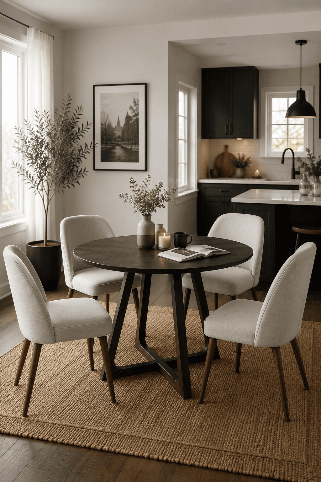 Dark walnut round dining table with cream upholstered dining chairs in a cozy modern dining room featuring black kitchen cabinets, woven rug, and warm organic decor.