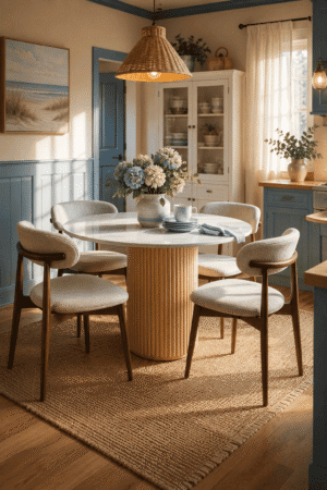 Round white pedestal dining table with upholstered wooden chairs in a coastal blue dining room featuring woven lighting, beach-inspired decor, and a cozy cottage kitchen.