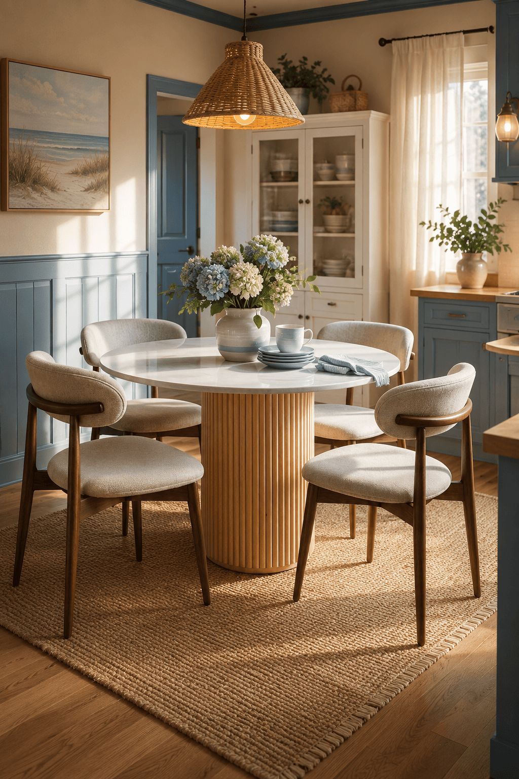 Round white pedestal dining table with upholstered wooden chairs in a coastal blue dining room featuring woven lighting, beach-inspired decor, and a cozy cottage kitchen.
