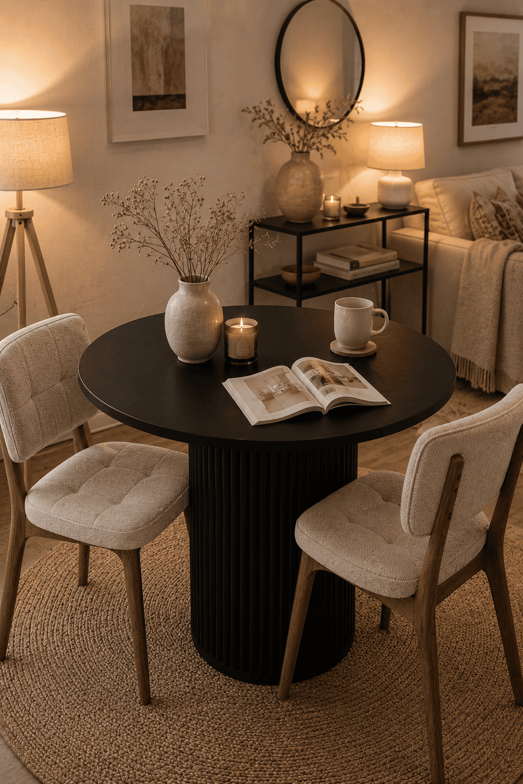 Modern black round pedestal dining table with cream upholstered wooden chairs in a cozy organic dining room featuring warm ambient lighting, candles, and minimalist home decor.