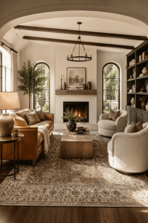 Rustic modern living room featuring a cognac leather sofa, boucle swivel chairs, wooden coffee table, fireplace, exposed wood beams, and warm neutral home decor.