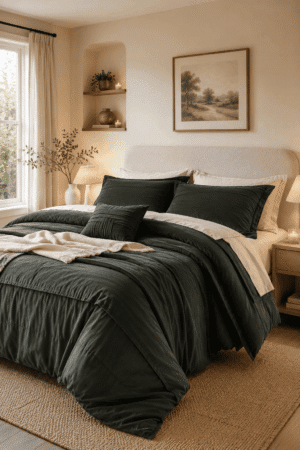 Modern bedroom featuring a charcoal black comforter set with matching pillow shams, upholstered bed, warm lighting, neutral decor, and cozy American-style bedroom design.