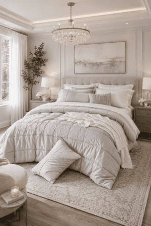Light gray luxury comforter set styled in a modern American bedroom with upholstered bed, crystal chandelier, neutral decor, plush rug, and elegant bedside lighting.
