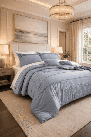 Soft blue comforter set styled in a modern American bedroom with upholstered bed, neutral decor, warm lighting, elegant chandelier, and cozy luxury bedding.