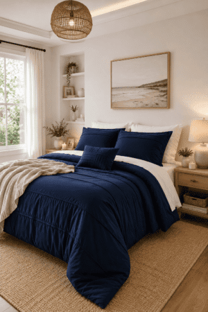 Navy blue comforter set styled in a cozy coastal American bedroom with white bedding, woven pendant light, natural wood furniture, soft neutral decor, and elegant bedside lighting.