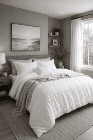 Classic white comforter set styled in a modern American bedroom with gray walls, upholstered bed, neutral décor, soft throw blanket, coastal wall art, and cozy luxury bedding.