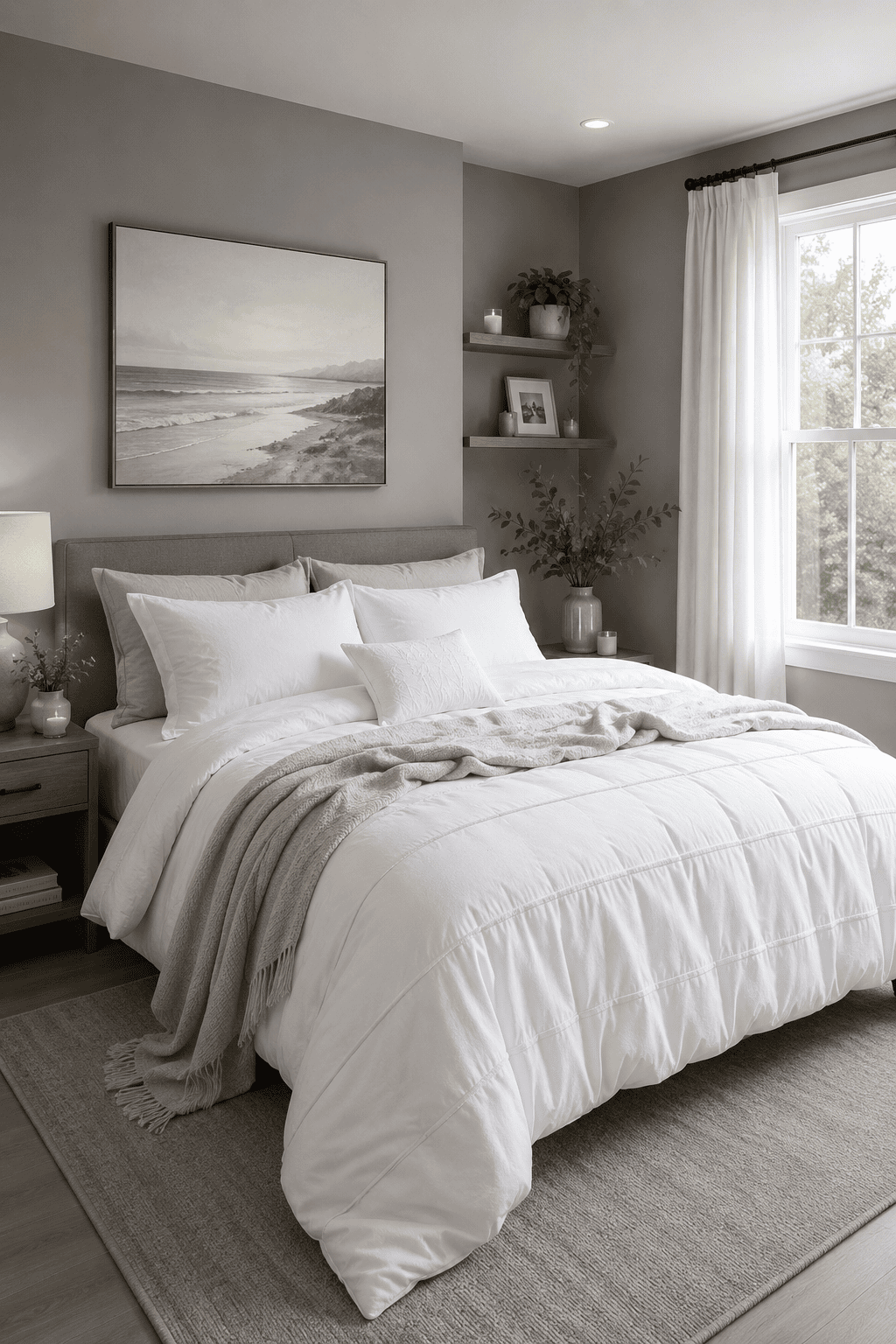 Classic white comforter set styled in a modern American bedroom with gray walls, upholstered bed, neutral décor, soft throw blanket, coastal wall art, and cozy luxury bedding.