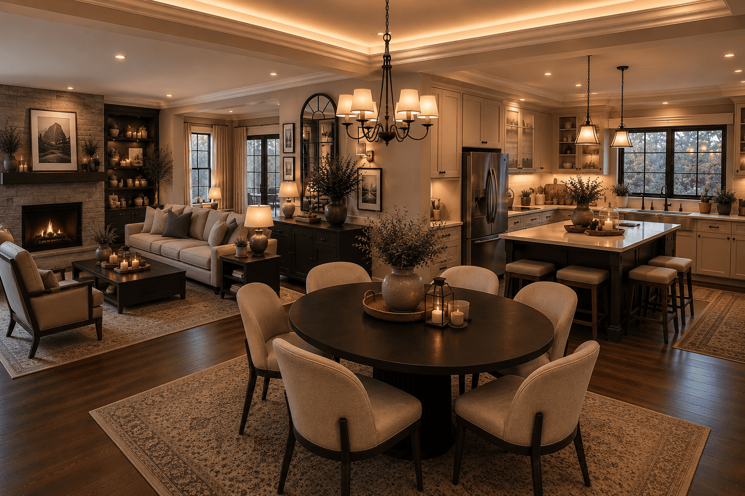 Neutral home decor ideas featuring a cozy open concept living room, elegant dining area, and modern kitchen with warm lighting and timeless neutral colors.