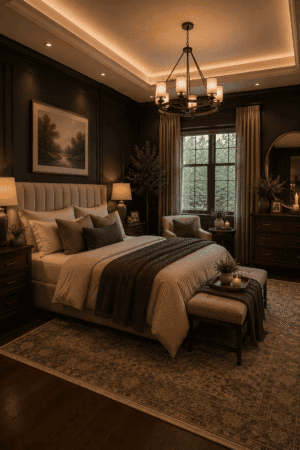 Modern cozy bedroom featuring an upholstered bed, neutral bedding, warm ambient lighting, elegant nightstands, decorative bench, area rug, and luxury bedroom décor in a relaxing home setting.