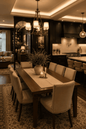 Elegant modern dining room featuring a solid wood dining table, upholstered dining chairs, warm chandelier lighting, neutral table décor, and a cozy open-concept kitchen in the background.