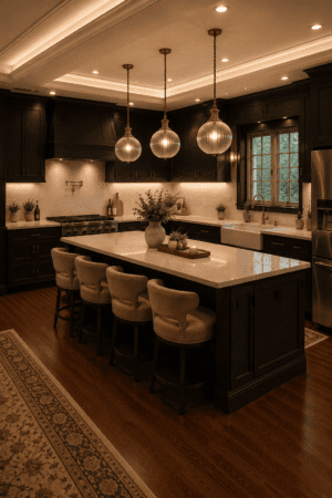 Modern black kitchen with a large white island, warm pendant lights, upholstered counter stools, farmhouse sink, quartz countertops, and cozy luxury home decor.