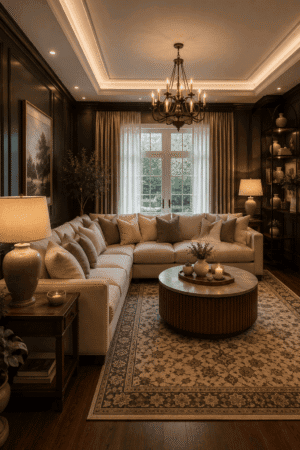 Modern cozy living room featuring a cream sectional sofa, round wooden coffee table, warm chandelier, elegant table lamps, decorative area rug, and luxury home décor in a sophisticated neutral interior.