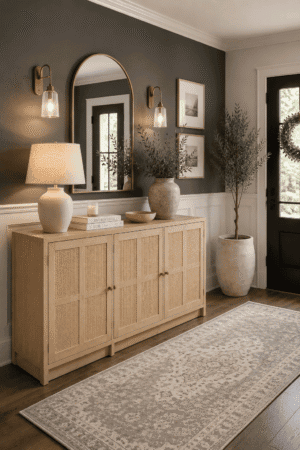 Natural wood rattan sideboard cabinet styled with a table lamp, arched gold mirror, wall sconces, ceramic vase, faux olive tree, and vintage runner rug in a modern entryway.
