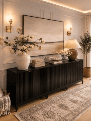 Modern living room featuring a black fluted sideboard cabinet, oversized wall art, table lamp, wall sconces, ceramic vases, faux olive tree, decorative books, candles, and neutral home décor.