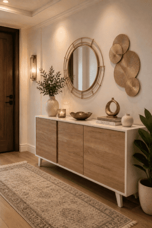 Modern entryway featuring a wood and white sideboard cabinet, gold round mirror, gold wall art, ceramic vase, candle, decorative books, wall sconce, and hallway runner rug.