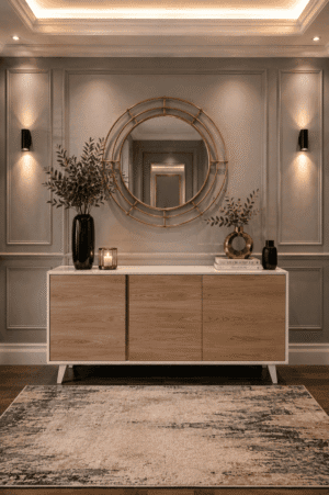 Modern wood sideboard cabinet with a gold round mirror, black ceramic vase, decorative candle, faux greenery, wall sconces, and neutral area rug in a luxury entryway.