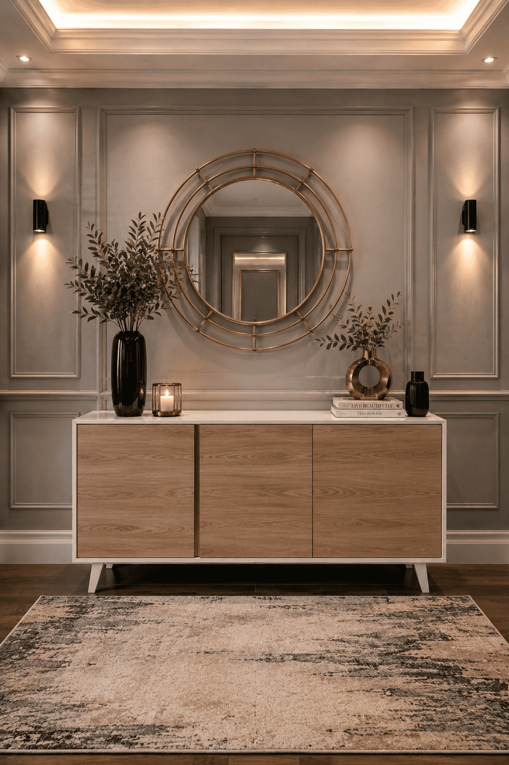 Modern wood sideboard cabinet with a gold round mirror, black ceramic vase, decorative candle, faux greenery, wall sconces, and neutral area rug in a luxury entryway.