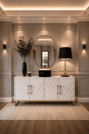 Luxury entryway featuring a white geometric sideboard cabinet, gold round mirror, designer table lamp, black vase with faux greenery, decorative candle, flower box, and hallway runner rug.